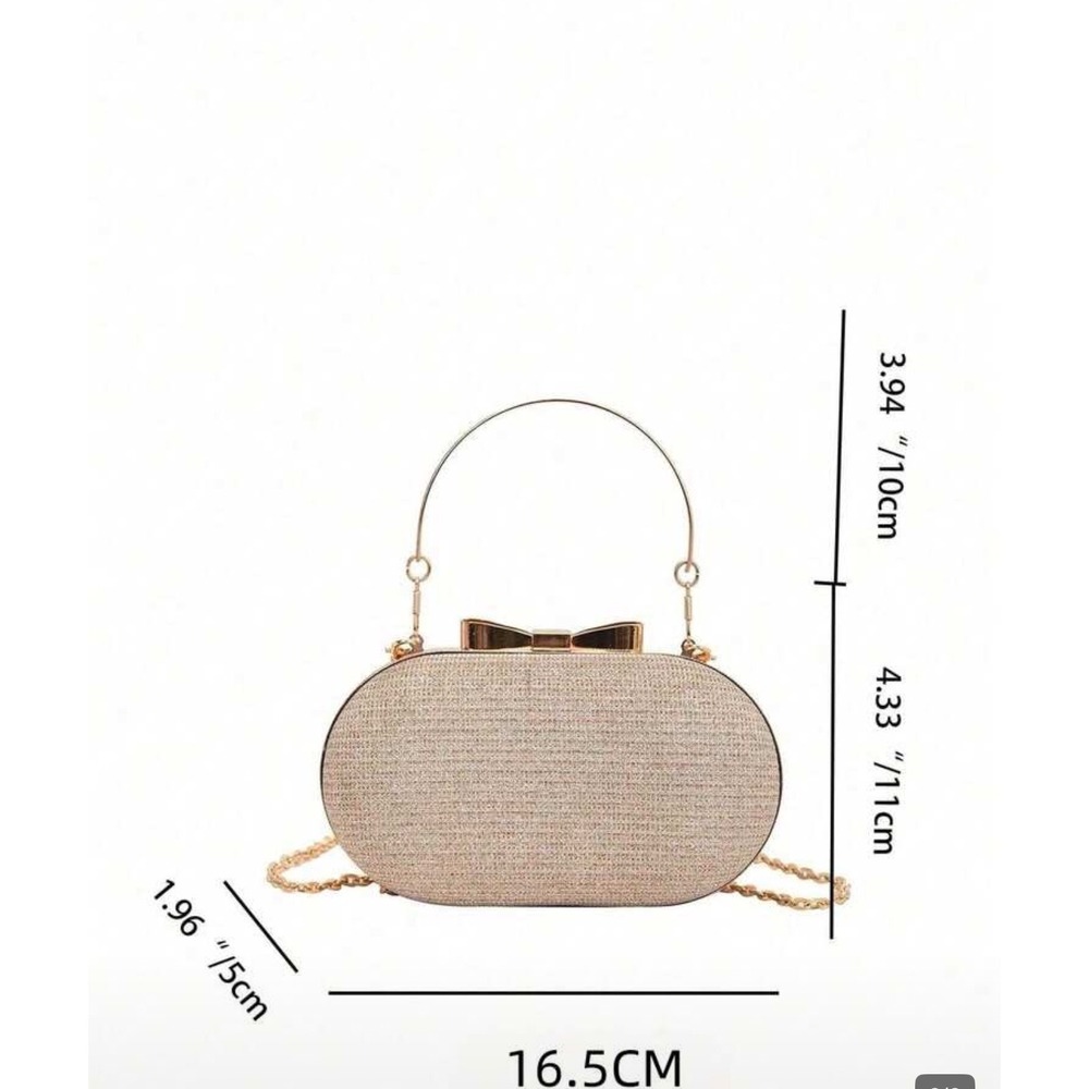 Champagne Gold Glitter‎ Evening Clutch Bag Bow Clasp Minaudiere Crossbody Purse - Picture 3 of 3